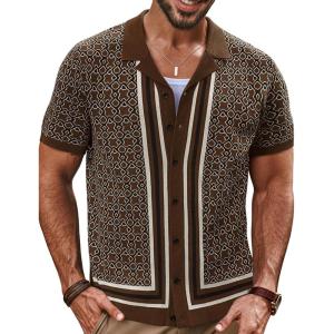 imagePJ PAUL JONES Mens 70S Shirts Vintage Shirts Button Down Cuban Collar Knitted Polo ShirtCoffee