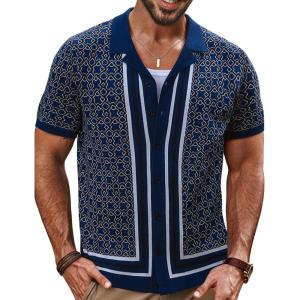 imagePJ PAUL JONES Mens 70S Shirts Vintage Shirts Button Down Cuban Collar Knitted Polo ShirtDark Blue