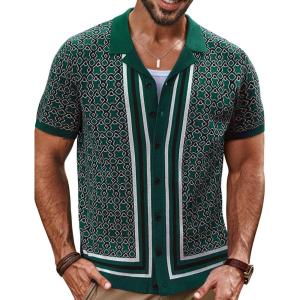 imagePJ PAUL JONES Mens 70S Shirts Vintage Shirts Button Down Cuban Collar Knitted Polo ShirtGreen