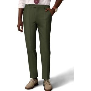 imagePJ PAUL JONES Mens Linen Dress Pants Casual Slim Fit Expandable Wasit Pleated Front Work TrousersArmy Green