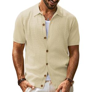 imagePJ PAUL JONES Mens Polo Shirt Short Sleeve Casual Knit Textured Button Down Polo Shirts with PocketApricotno Pocket
