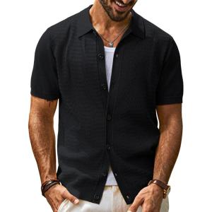 imagePJ PAUL JONES Mens Polo Shirt Short Sleeve Casual Knit Textured Button Down Polo Shirts with PocketBlackno Pocket
