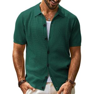 imagePJ PAUL JONES Mens Polo Shirt Short Sleeve Casual Knit Textured Button Down Polo Shirts with PocketGreenno Pocket