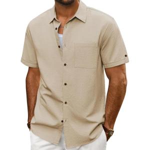 imagePJ PAUL JONES Mens Short Sleeve Cotton Shirts Lightweight Button Down Shirt Casual Summer Shirts for MenBeige