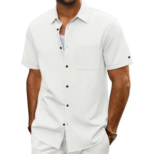 imagePJ PAUL JONES Mens Short Sleeve Cotton Shirts Lightweight Button Down Shirt Casual Summer Shirts for MenWhite