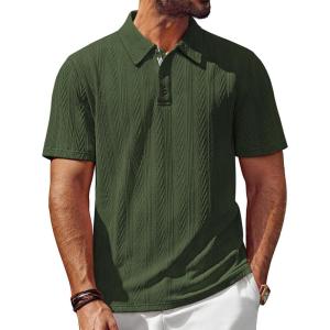 imagePJ PAUL JONES Mens Polo Shirts Short Sleeve Textured Casual Stylish Classic Button Polo T Shirt Stretchy Collared Golf ShirtsArmy Green