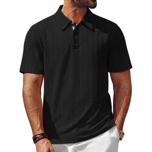 imagePJ PAUL JONES Mens Polo Shirts Short Sleeve Textured Casual Stylish Classic Button Polo T Shirt Stretchy Collared Golf ShirtsBlack