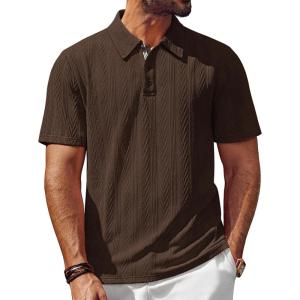 imagePJ PAUL JONES Mens Polo Shirts Short Sleeve Textured Casual Stylish Classic Button Polo T Shirt Stretchy Collared Golf ShirtsCoffee
