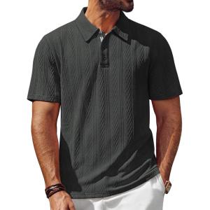 imagePJ PAUL JONES Mens Polo Shirts Short Sleeve Textured Casual Stylish Classic Button Polo T Shirt Stretchy Collared Golf ShirtsDark Gray