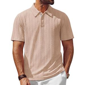 imagePJ PAUL JONES Mens Polo Shirts Short Sleeve Textured Casual Stylish Classic Button Polo T Shirt Stretchy Collared Golf ShirtsKhaki