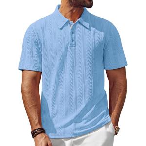 imagePJ PAUL JONES Mens Polo Shirts Short Sleeve Textured Casual Stylish Classic Button Polo T Shirt Stretchy Collared Golf ShirtsLight Blue