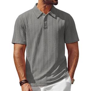 imagePJ PAUL JONES Mens Polo Shirts Short Sleeve Textured Casual Stylish Classic Button Polo T Shirt Stretchy Collared Golf ShirtsLight Gray