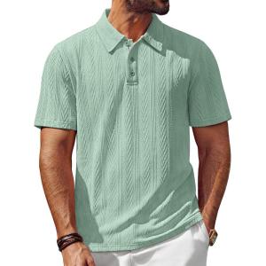 imagePJ PAUL JONES Mens Polo Shirts Short Sleeve Textured Casual Stylish Classic Button Polo T Shirt Stretchy Collared Golf ShirtsLight Green