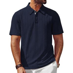 imagePJ PAUL JONES Mens Polo Shirts Short Sleeve Textured Casual Stylish Classic Button Polo T Shirt Stretchy Collared Golf ShirtsNavy Blue