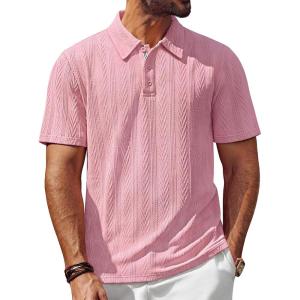 imagePJ PAUL JONES Mens Polo Shirts Short Sleeve Textured Casual Stylish Classic Button Polo T Shirt Stretchy Collared Golf ShirtsPink