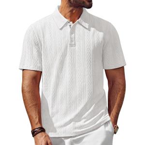 imagePJ PAUL JONES Mens Polo Shirts Short Sleeve Textured Casual Stylish Classic Button Polo T Shirt Stretchy Collared Golf ShirtsWhite