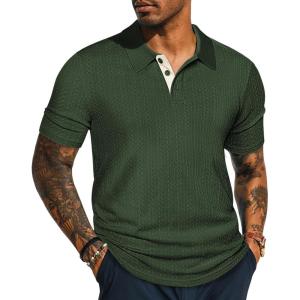 imagePJ PAUL JONES Mens Polo Shirts Short Sleeve Textured Polo T Shirt Summer Casual Knitted Golf ShirtArmy Green