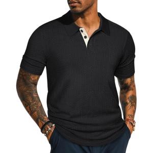 imagePJ PAUL JONES Mens Polo Shirts Short Sleeve Textured Polo T Shirt Summer Casual Knitted Golf ShirtBlack