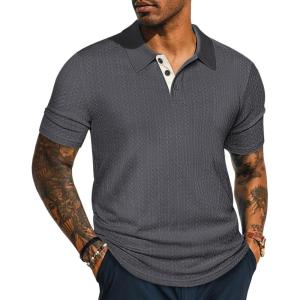 imagePJ PAUL JONES Mens Polo Shirts Short Sleeve Textured Polo T Shirt Summer Casual Knitted Golf ShirtDark Gray
