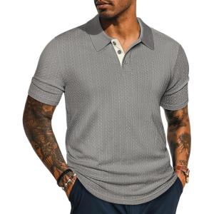 imagePJ PAUL JONES Mens Polo Shirts Short Sleeve Textured Polo T Shirt Summer Casual Knitted Golf ShirtGray