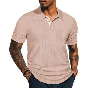 imagePJ PAUL JONES Mens Polo Shirts Short Sleeve Textured Polo T Shirt Summer Casual Knitted Golf ShirtKhaki
