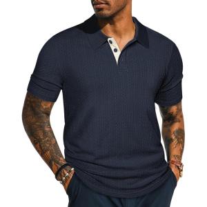 imagePJ PAUL JONES Mens Polo Shirts Short Sleeve Textured Polo T Shirt Summer Casual Knitted Golf ShirtNavy Blue