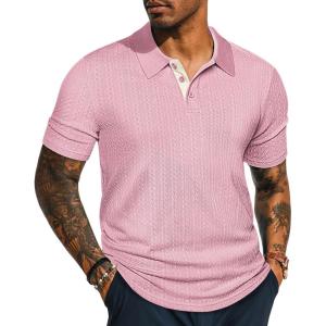 imagePJ PAUL JONES Mens Polo Shirts Short Sleeve Textured Polo T Shirt Summer Casual Knitted Golf ShirtPink