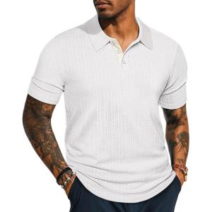 imagePJ PAUL JONES Mens Polo Shirts Short Sleeve Textured Polo T Shirt Summer Casual Knitted Golf ShirtWhite