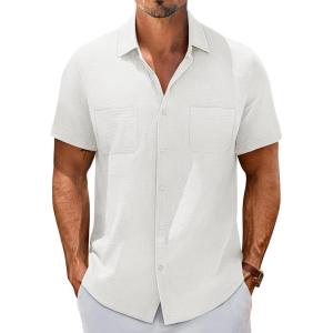 imagePJ PAUL JONES Mens Short Sleeve Button Down Shirts Summer Beach Shirts Untuckit Cotton Shirt with PocketWhitetwo Pocket