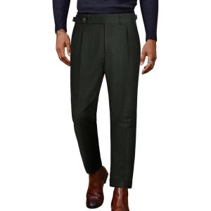 imagePJ PAUL JONES Men Vintage Tweed Pants Herringbone Pleated Suit TrousersArmy Green