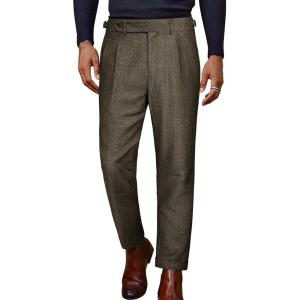 imagePJ PAUL JONES Men Vintage Tweed Pants Herringbone Pleated Suit TrousersBlack Khaki
