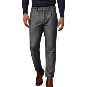 imagePJ PAUL JONES Men Vintage Tweed Pants Herringbone Pleated Suit TrousersBlack White