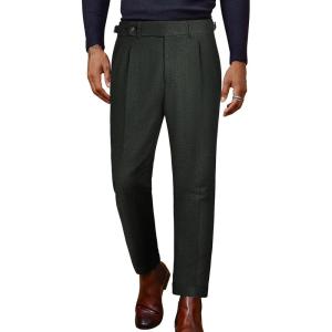imagePJ PAUL JONES Men Vintage Tweed Pants Herringbone Pleated Suit TrousersGreen
