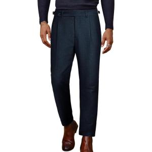 imagePJ PAUL JONES Men Vintage Tweed Pants Herringbone Pleated Suit TrousersNavy
