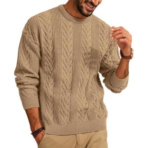 imagePJ PAUL JONES Mens Crewneck Sweater Casual Cable Knit Pullover Sweater Drop Shoulder Solid Knitted SweatersCamel