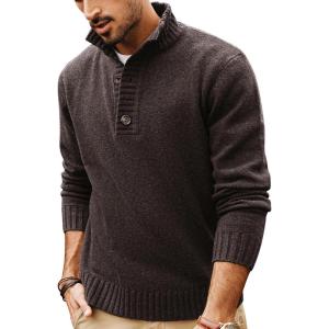 imagePJ PAUL JONES Mens Pullover Sweaters Quarter Button Sweater Stand Collar Knit PulloversCoffee