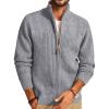 imagePJ PAUL JONES Mens Full Zipper Cardigan Casual Stand Collar Cardigan Sweater Ribbed Knit Long Sleeve SweaterLight Gray