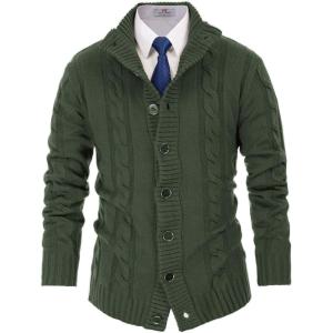 imagePJ PAUL JONES Mens Cardigan Sweaters Stand Collar Long Sleeve Cable Knit Button Down SweaterArmy Greennew