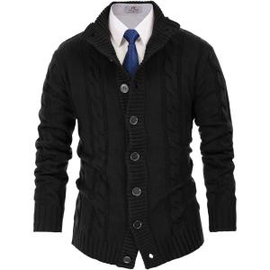 imagePJ PAUL JONES Mens Cardigan Sweaters Stand Collar Long Sleeve Cable Knit Button Down SweaterBlack