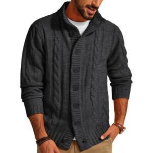 imagePJ PAUL JONES Mens Cardigan Sweaters Stand Collar Long Sleeve Cable Knit Button Down SweaterBlack Grey