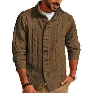 imagePJ PAUL JONES Mens Cardigan Sweaters Stand Collar Long Sleeve Cable Knit Button Down SweaterCoyote