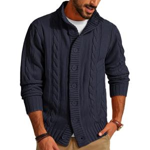 imagePJ PAUL JONES Mens Cardigan Sweaters Stand Collar Long Sleeve Cable Knit Button Down SweaterDark Blue