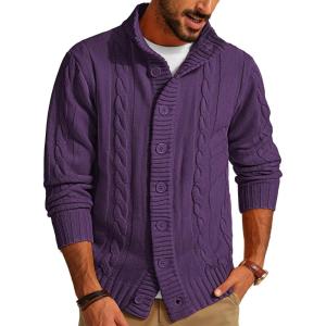 imagePJ PAUL JONES Mens Cardigan Sweaters Stand Collar Long Sleeve Cable Knit Button Down SweaterDeep Purple