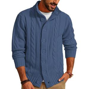 imagePJ PAUL JONES Mens Cardigan Sweaters Stand Collar Long Sleeve Cable Knit Button Down SweaterLight Navy Blue