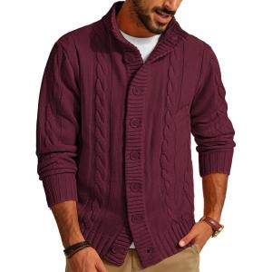 imagePJ PAUL JONES Mens Cardigan Sweaters Stand Collar Long Sleeve Cable Knit Button Down SweaterWine