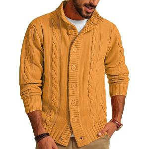 imagePJ PAUL JONES Mens Cardigan Sweaters Stand Collar Long Sleeve Cable Knit Button Down SweaterYellow