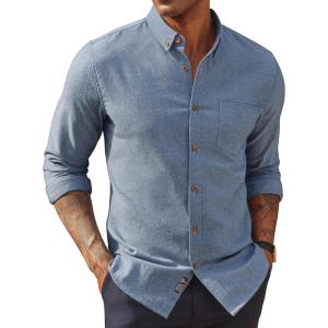 imagePJ PAUL JONES Mens Classic Fit LinenCotton Shirt Button Down Long Sleeve Casual Business ShirtsBlue