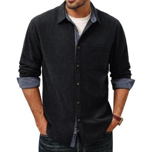 imagePJ PAUL JONES Mens Corduroy Button Down Shirt Long Sleeve Casual Collared Wrinkle Free Shirts with PocketBlack