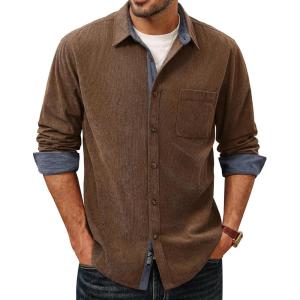 imagePJ PAUL JONES Mens Corduroy Button Down Shirt Long Sleeve Casual Collared Wrinkle Free Shirts with PocketBrown