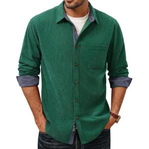 imagePJ PAUL JONES Mens Corduroy Button Down Shirt Long Sleeve Casual Collared Wrinkle Free Shirts with PocketGreen
